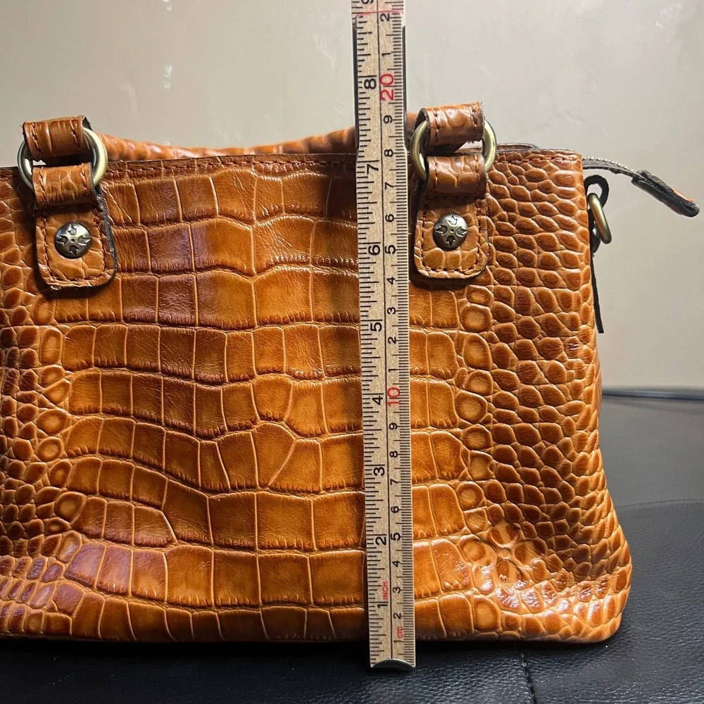 Patricia Nash Cognac Brown Crocodile Embossed Satchel Handbag & Pouch Crossbody